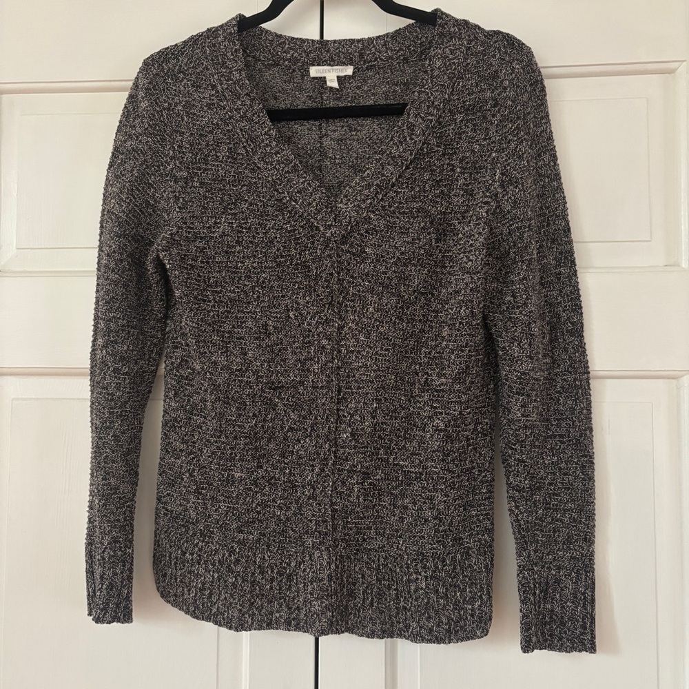 Eileen Fisher System Marled Black Taupe VNeck 100% Linen Sweater Size Small Knit